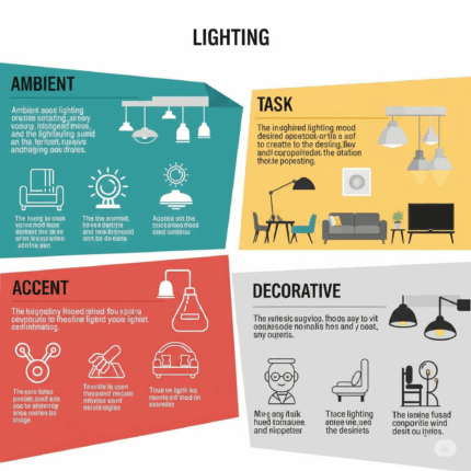 Lighting categories typically include ambient, task, accent, and decorative lighting.