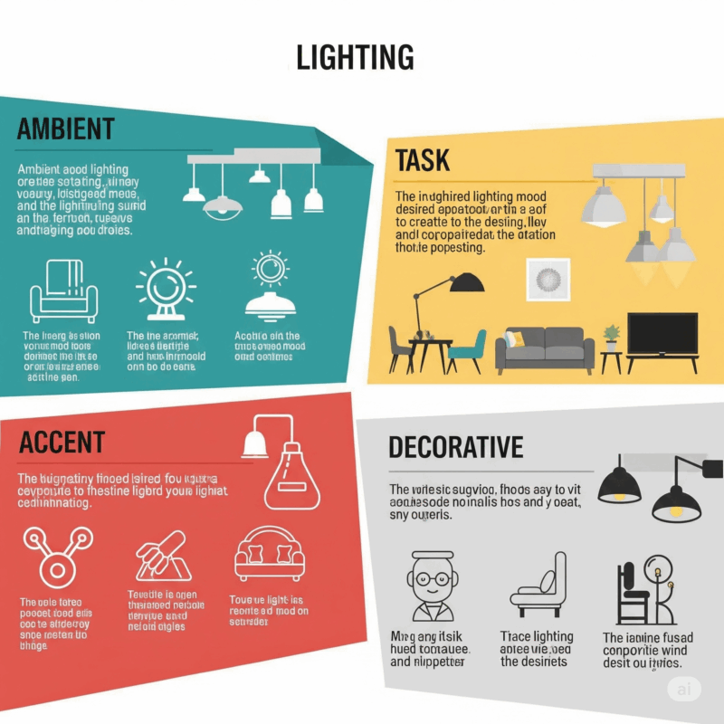 Lighting categories typically include ambient, task, accent, and decorative lighting.